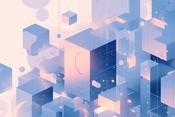 Abstract geometric composition with soft pastel colors and floating shapes.