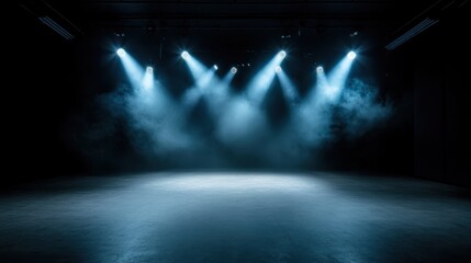Blue spotlights cast a vibrant glow on an avant-garde stage, providing an energetic and inviting ambiance, ideal for live shows or artistic performances.