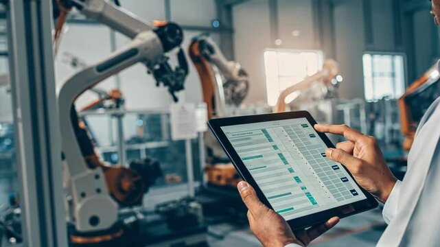 An AI analytics interface featuring predictive maintenance alerts alongside a technician analyzing data on a tablet while machines operate in the background.