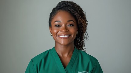 A nurse dressed in green scrubs offers a reassuring smile, exuding calm and assurance against a plain background, symbolizing comfort and care.