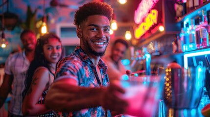 Obraz premium Barman shaking a cocktail mixer energetically, neon lights creating a vivid scene, bar patrons chatting and enjoying their drinks