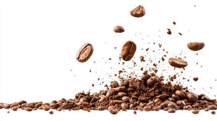 Obraz premium Several coffee beans appear to leap into the air amidst a cloud of coffee powder against a stark white background, capturing flavor, aroma, and morning ritual.