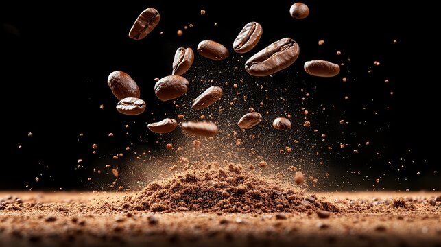 Floating coffee beans surrounded by a cloud of ground coffee on a deep black background, representing richness, sophistication, and the allure of coffee.