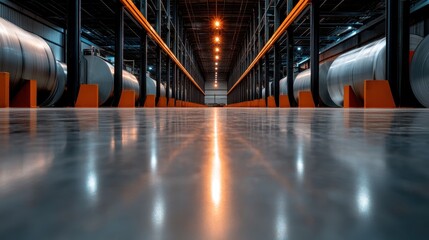Long metal storage tubes housed in rows within a spacious industrial warehouse, emphasizing efficiency and modern design within an organized logistical framework.