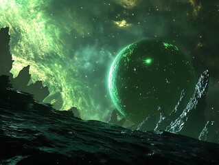 Fototapeta premium Ethereal Green Planet: A Stunning Digital Painting of a Futuristic Alien World. AI Generated