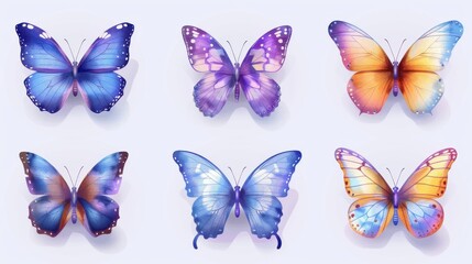 Blue, purple, and orange butterflies in a detailed vector set, on a white backdrop with intricate wing details