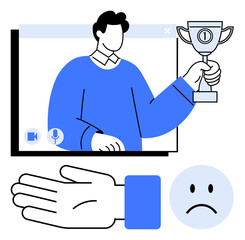 Man holding trophy, virtual meeting screen, sad face icon, and open hand gesture. Ideal for themes success, recognition, online meetings, achievement emotion communication disappointment. Line