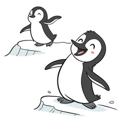 A gleeful penguin sliding on its belly across an icy white background