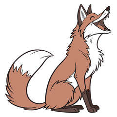 A grinning fox sitting upright with its tail curled around its paws