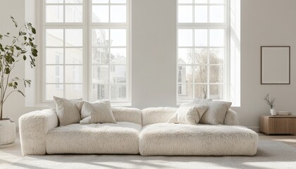 Fototapeta premium Cozy Modern Living Room with Fluffy Sofa Large Windows