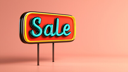 Retro Sale Sign: 3D rendered neon teal lettering on a vibrant red background, perfect for...