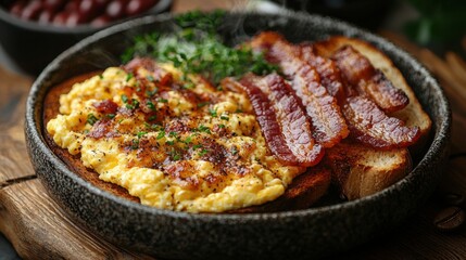 A delicious breakfast featuring scrambled eggs seasoned with herbs, crispy bacon strips, and toast served in a rustic bowl.