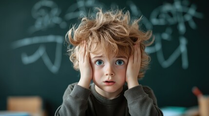 A young child with wide eyes and a surprised expression sits pensively in a classroom, surrounded by a chalkboard filled with various drawings and calculations.