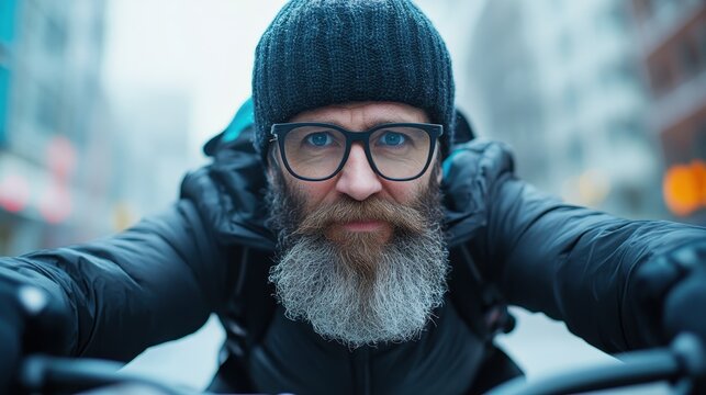 A mature bearded man in a beanie and glasses, wearing winter gear, engages in cycling within a cityscape, embodying an active, adventurous lifestyle. - Powered by Adobe