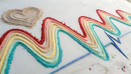 A vibrant and creative sand art piece depicting a rainbow-colored EKG line with a heart at its beginning. 