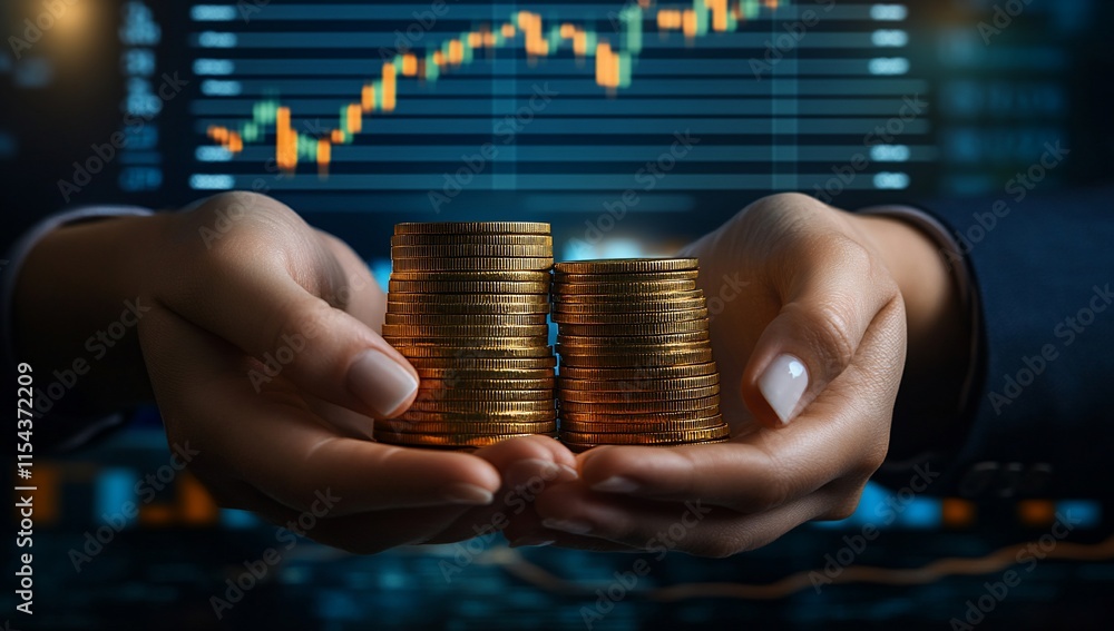 Poster hands holding stacks of coins with a financial graph in the background.