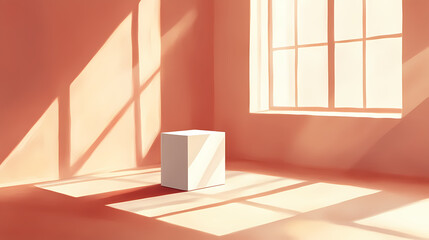 Minimalist interior with white cube in sunlit room. Sunlit. Illustration