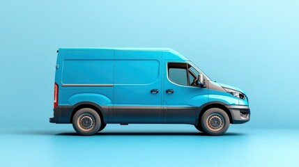 A bold and modern image of a turquoise cargo van set against a bright blue background, representing mobility and futuristic urban logistics solutions.