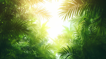 Palm fronds stretching towards the sunlit sky with a warm breeze, sunny day, sunlight , tropical environment. Sunlit. Illustration