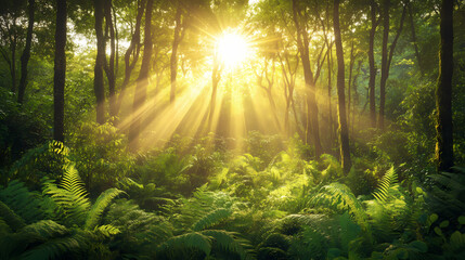 Obraz premium Softly glowing sunlit forest with tall trees and lush greenery, sunlight, undergrowth, ferns. Sunlit. Illustration