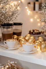 Fototapeta premium Easter decor at coffee shop window featuring golden eggs and warm beverages