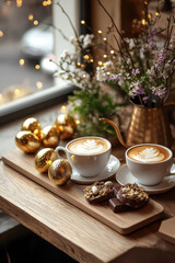 Cozy Easter decor in a coffee shop window display with festive gold ornaments