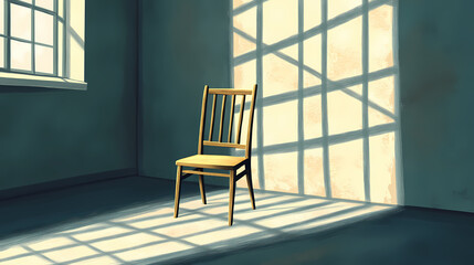 Empty chair in a sunlit room with shadows. Sunlit. Illustration