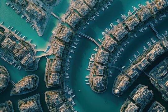 Aerial view of waterfront buildings and yachts.
