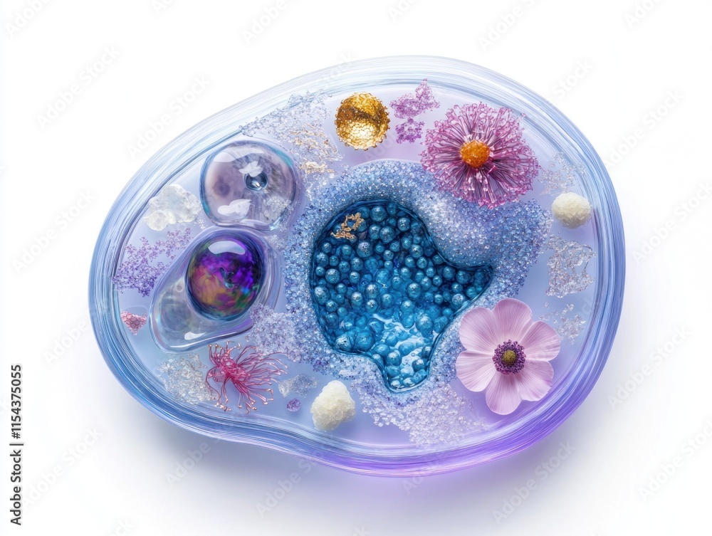 Poster artistic rendering of a cell with various organelles and components.