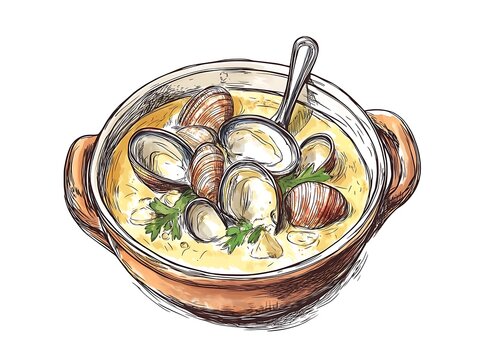 Delicious Hand-Drawn Illustration: Creamy Clam Chowder in Rustic Bowl. AI Generated