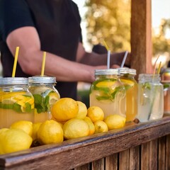 Stall of fresh lemonade in jars with straws
