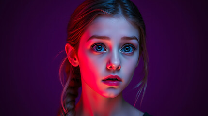 Obraz premium Teenager student girl isolated on purple background with surprise facial expression