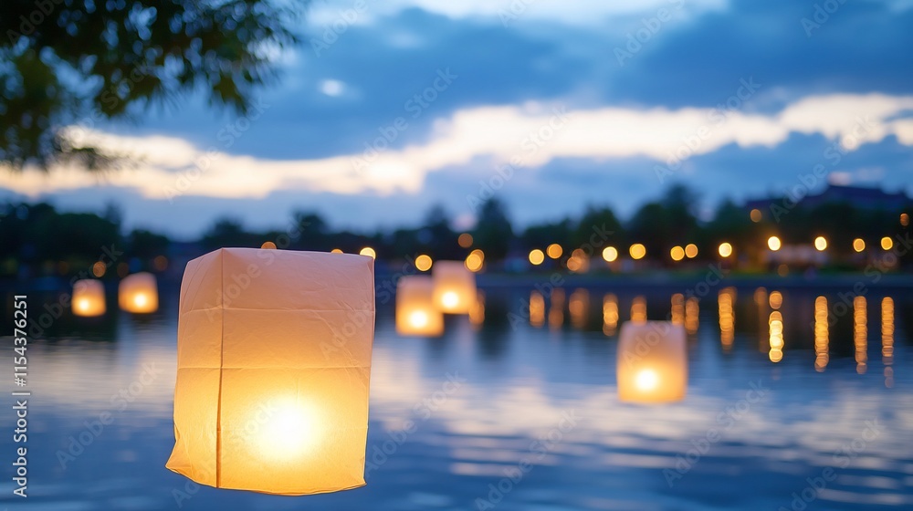 Poster illuminated lanterns floating on a serene lake at dusk.