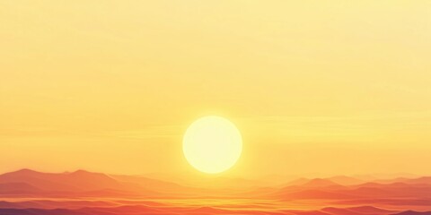 Golden sun setting behind distant mountains, with ample copy space.