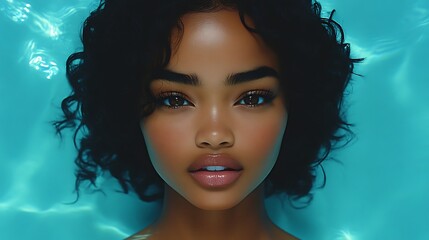 A woman with dark curly hair submerged in turquoise water