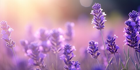 Obraz premium Sunset over lavender field with blooming purple flowers in a peaceful garden