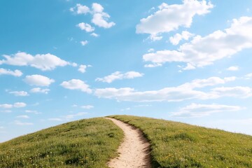 Fototapeta premium Dirt path winding up grassy hill under blue sky with clouds.