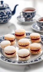 Fototapeta premium Delicious macarons with jam filling on a plate, teacups, and teapot in the background.