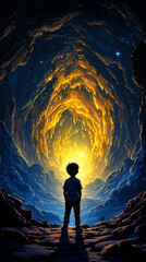 Childs Nighttime Journey Through Glowing Moonlit Cave