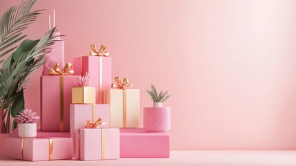 Pink gift boxes with plants on pastel background