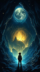 Childs Nighttime Journey Through Glowing Moonlit Cave