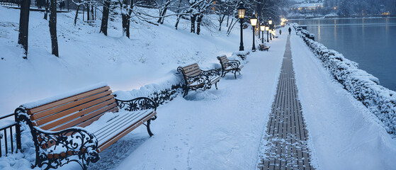 Snowy Winter Pathway, Romantic Canalside Benches, Glowing Streetlights