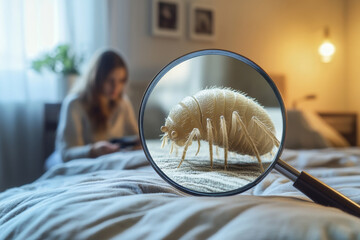 Close up view of dust mite seen through a magnifying glass on the bed linen in a cozy bedroom at home. Type of domestic blood-sucking insect.