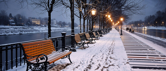 Snowy Winter Pathway, Romantic Canalside Benches, Glowing Streetlights