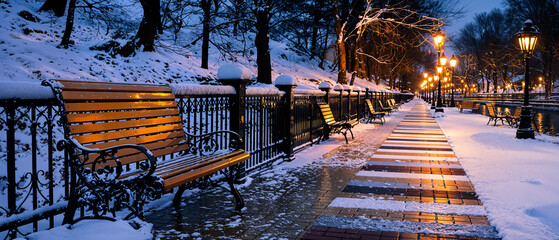 Snowy Winter Pathway, Romantic Canalside Benches, Glowing Streetlights