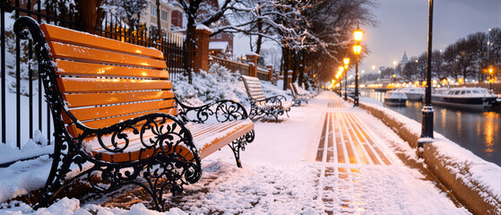 Snowy Winter Pathway, Romantic Canalside Benches, Glowing Streetlights