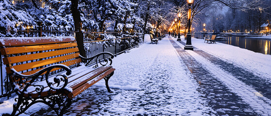 Snowy Winter Pathway, Romantic Canalside Benches, Glowing Streetlights