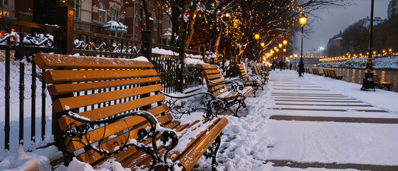 Snowy Winter Pathway, Romantic Canalside Benches, Glowing Streetlights