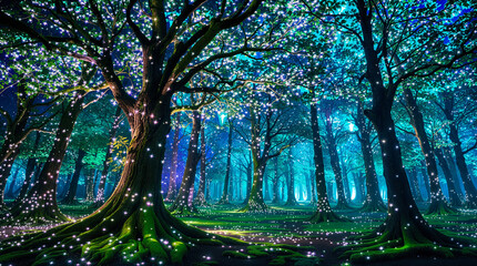 Enchanted Forest Glowing Trees, Magical Lights, Mystical Night