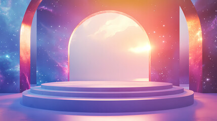 Cosmic podium in a sunlit room. Sunlit. Illustration